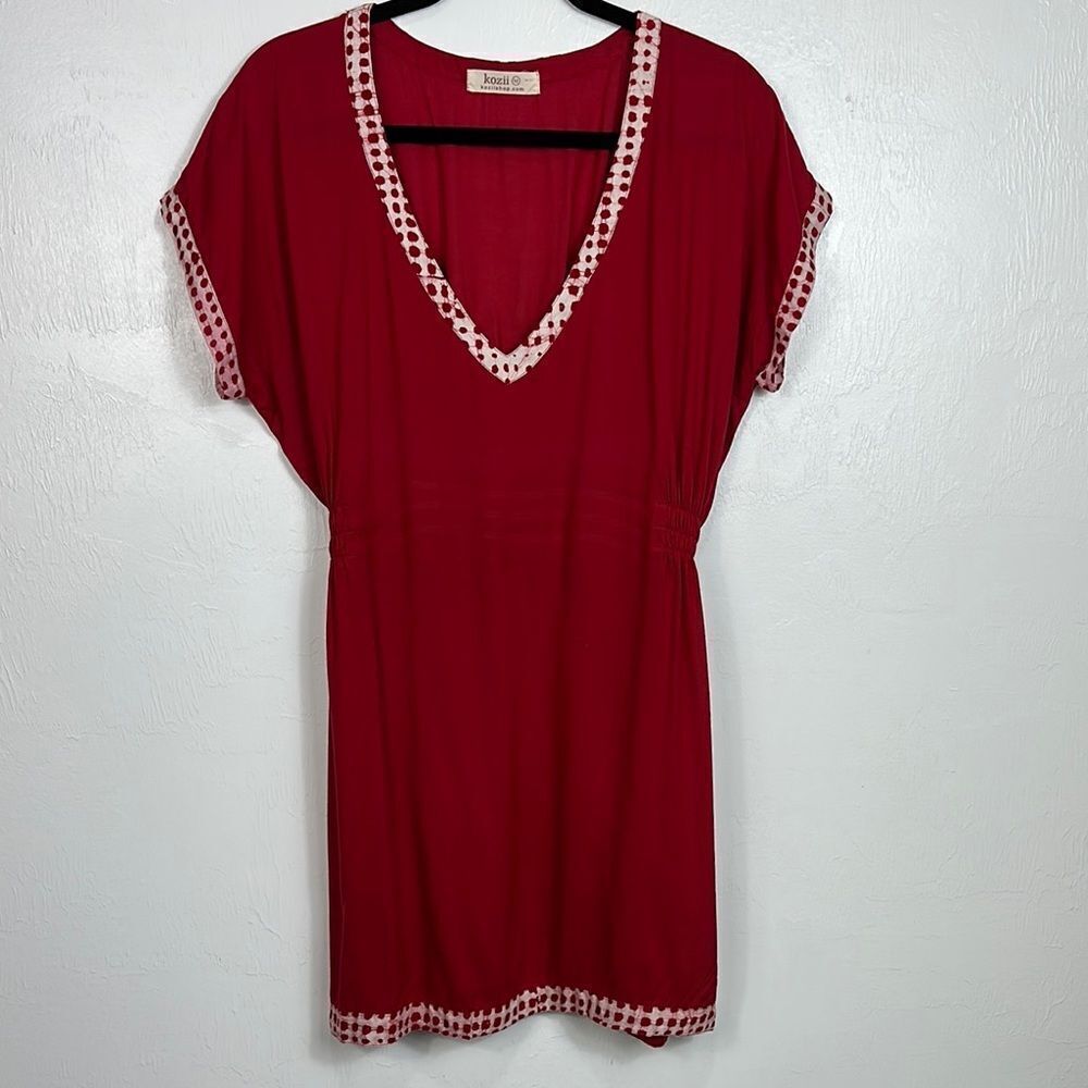 Red V-Neck Tunic with Polka Dot Trim